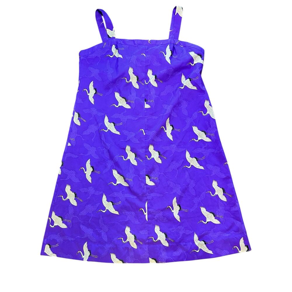 Vintage-Style Women’s Handmade Purple Crane Silk-Feel Shift Dress Size Medium